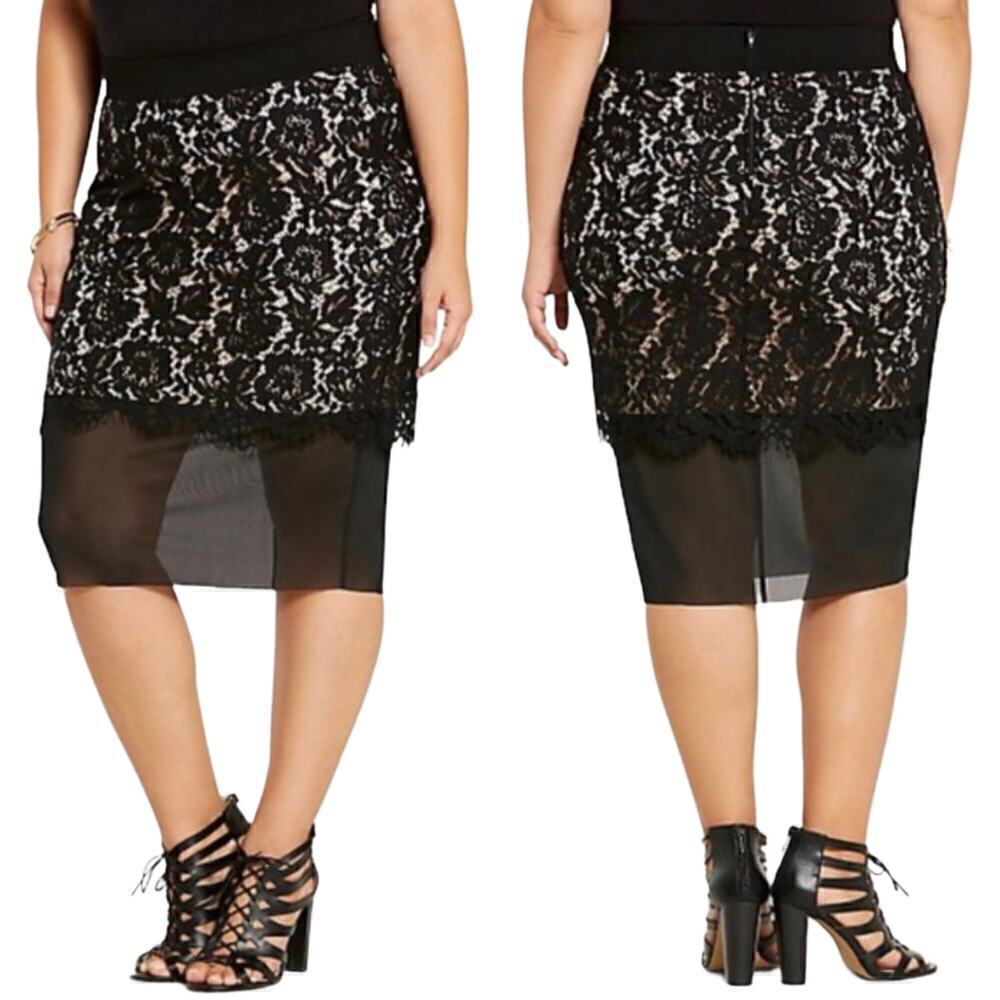 Torrid Black and Nude Lace and Mesh Pencil Skirt Size 2X Corpcore Whimsigoth